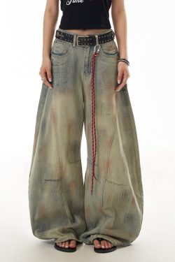 Distressed Curved Blade Wide-Leg Jeans for Women - Deconstructed Vintage American-Style Floor-Length Trousers