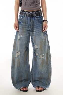 Distressed Curved Knife Jeans for Women - Ripped American Style Casual Wide-Leg Pants, Versatile Niche Design, Trendy Fashion