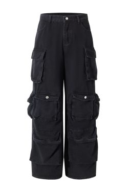 Distressed High Street Dark Straight Jeans with Pocket Design - American Retro Hip-Hop Style