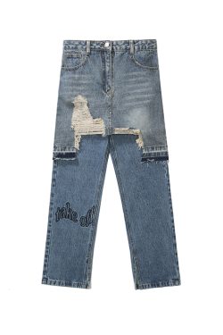Distressed Irregular Denim Pants and Skirt Set - Vintage Wash Punk Style Autumn Fashion Two-Piece Outfit