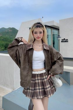 Distressed Vintage Baseball Leather Jacket for Women - Versatile American Style with Plaid Skirt - Y2K Fashion Statement Piece