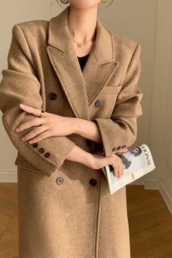Double-Breasted Woolen Padded Coat for Women, Loose Fit High-End Korean Style Thick Suit Jacket for Autumn and Winter
