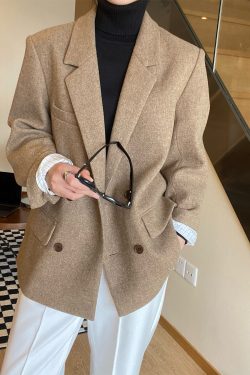 Double-Breasted Woolen Suit Jacket - Korean Style British Design, Lapel Wool Blazer for Chic Office and Casual Wear