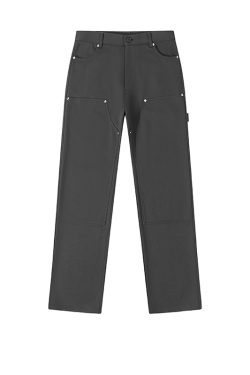 Double Knee Patch Rivet Decorated Straight Leg Casual Lumberjack Pants - Trendy 90s Style Workwear Trousers