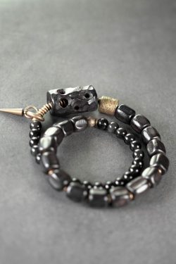Double-Layer Mixed Design Bracelet for Men and Women - Sandalwood & Black Stone, Unique Personality Jewelry