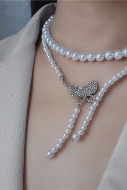 Double-Layer Pearl Butterfly Necklace for Women, Elegant Collarbone Chain, Simple & Versatile Jewelry for Everyday Style