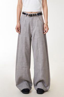 Double Pleat Casual Straight Pants for Women - American Vintage Loose Fit Trousers with Slimming Draped Effect, Y2K Inspired Fashion