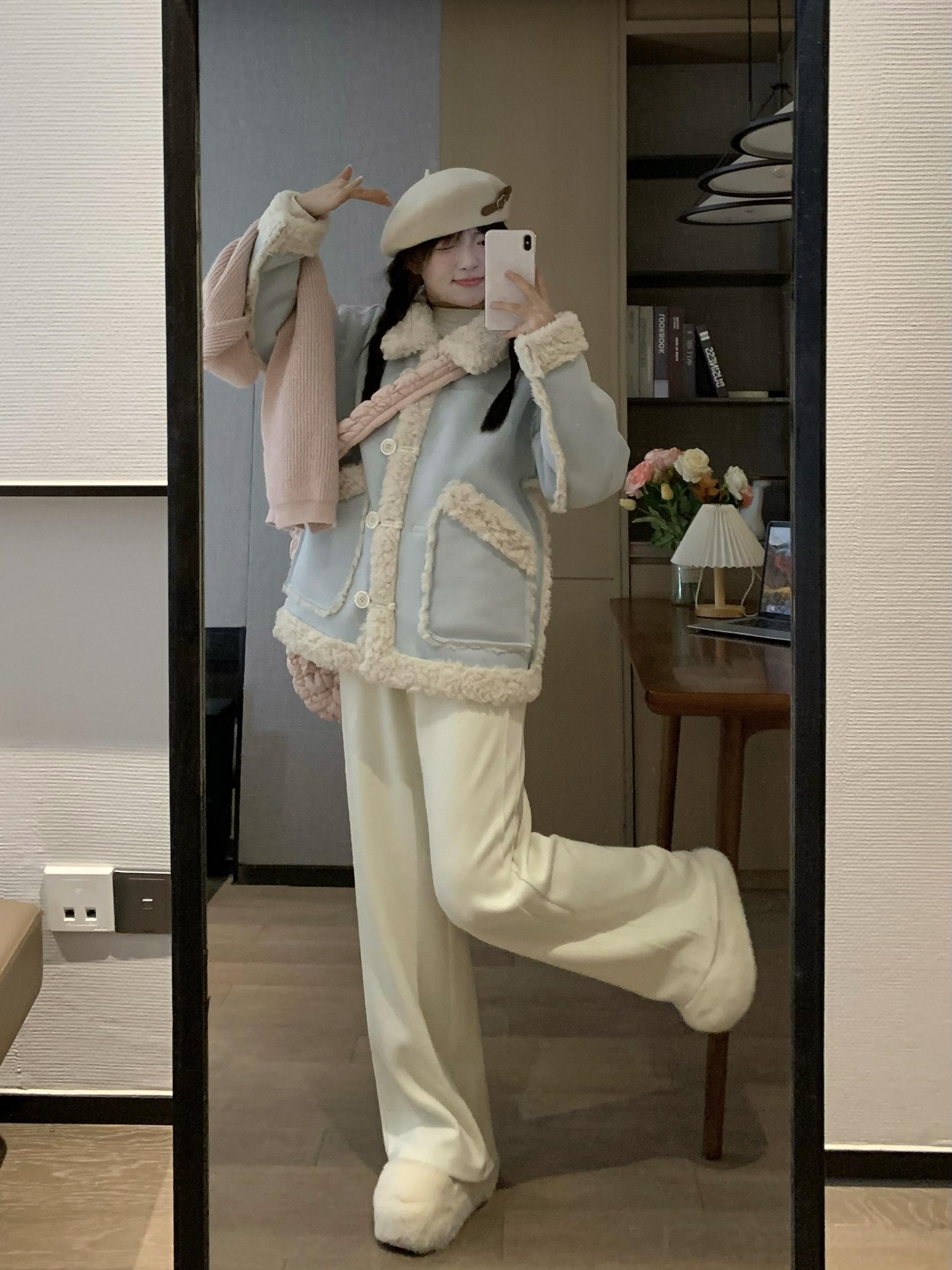 Double-Sided Suede Blue Shearling Warm Fur Coat for Women - Early Spring Fashion, Thick Layered Design, Cozy Outerwear
