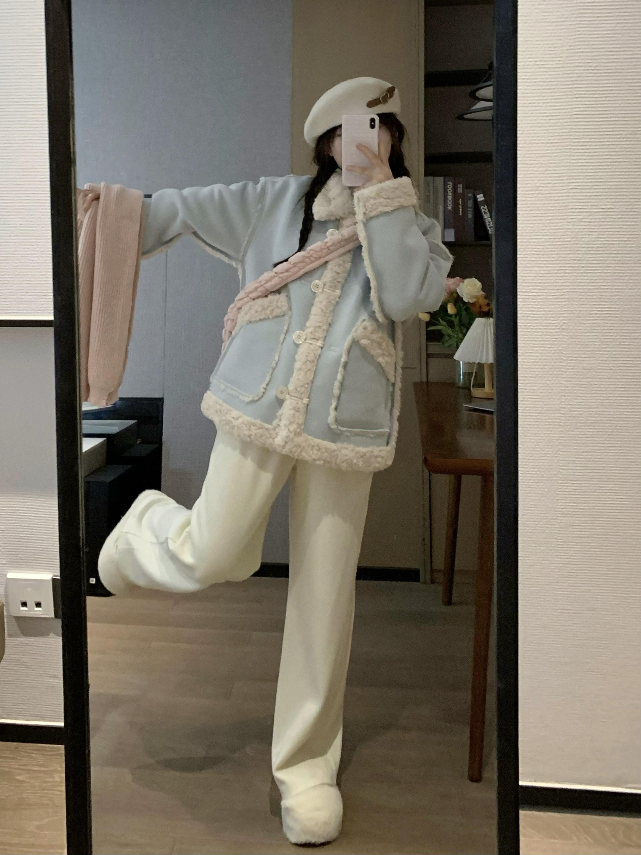 Double-Sided Suede Blue Shearling Warm Fur Coat for Women - Early Spring Fashion, Thick Layered Design, Cozy Outerwear
