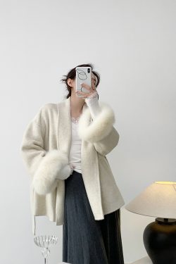 Double-Sided Wool Coat for Women - Mid-Length Belted Lapel Bathrobe Style with Fox Fur Cuffs - Small Size, Elegant Winter Outerwear