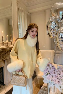 Double-Sided Wool Coat with Fox Fur Cuffs and Collar for Women, Autumn Winter Fashion, Elegant Short Jacket