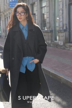 Double-Sided Wool Long Coat with Mulberry Silk, Small Lapel, Leather Buckle Waist Belt - Y2K Inspired Fashion Outerwear