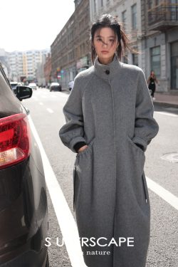 Double-Sided Yak Wool Coat with Puff Sleeves and Drawstring Stand Collar - Chic Plain Design for Y2K and Korean Style Fashion