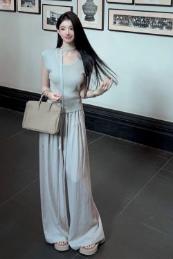 Draped Gray High-Waisted Wide-Leg Pants for Women - Casual Loose Fit Drawstring Trousers for Summer Fashion