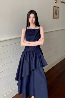 Draped Off-Shoulder Moonlit Blue Cotton Dress for Summer | Understated Daily Style | Perfect for 90s and Y2K Fashion Lovers
