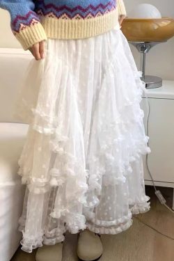 Eden Ballet Style Heavy Lace Midi Skirt - Irregular Loose A-Line Design for Versatile 90s-Inspired Fashion