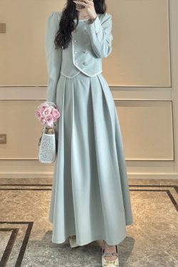 Elegant A-Line High Waist Skirt and French Long Sleeve Coat Two-Piece Set for Women - Casual 90s Inspired Fashion