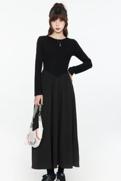 Elegant Black Long Sleeve Dress for Women, French Style, Slimming Long Skirt, Waist-Cinching Design, Perfect for Spring & Autumn 2025