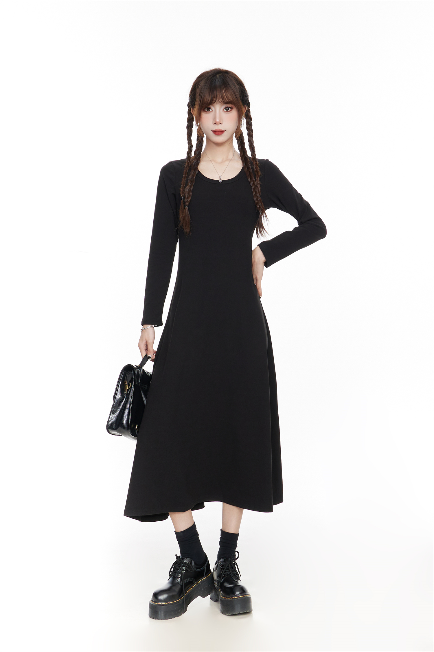 Elegant Black Long Sleeve Dress for Women, Slim Fit A-Line Maxi Dress, 2025 Spring Fashion, Timeless Little Black Dress