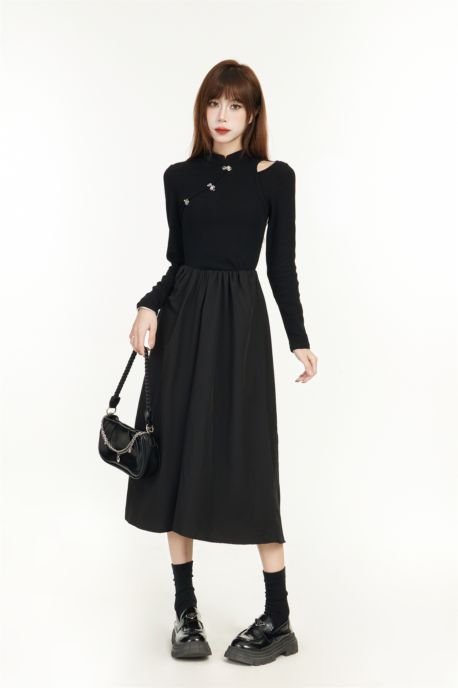 Elegant Chinese-Style Black Long Sleeve Dress for Women - Spring 2025, Waist-Cinching Slimming Design, High-End Quality