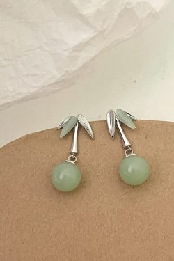 Elegant Chinese-Style Round Bead Pendant Earrings for Girls, High-End Bamboo Leaf Ear Studs, Fresh National Style Accessories