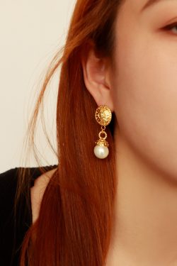 Elegant Classical Baroque Long Earrings with Golden Pearl Pendant - Retro European American Design for Timeless Style