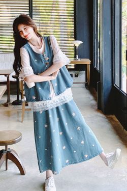 Elegant Embroidered Denim Vest Set Dress for Women - Versatile 3-Piece T-Shirt and Skirt Outfit for Summer 2025 Fashion