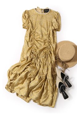 Elegant Floral Beaded Round Neck Pleated Casual Dress - Summer European Style with Tied Design, Perfect for 90s and Y2K Inspired Looks