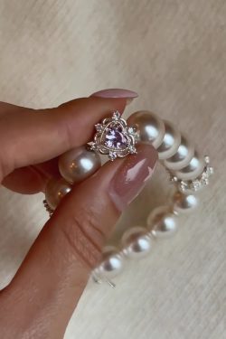 Elegant French Pearl Bracelet for Women with Purple Rock Candy Heart Bow Charm - Classy Fashion Accessory