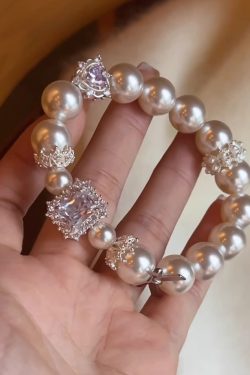 Elegant French Pearl Bracelet for Women with Purple Rock Candy Heart Bow Charm - Classy Fashion Accessory