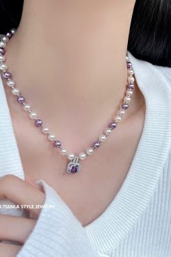 Elegant French Purple Square Sugar Pearl Necklace - Luxurious High-End Clavicle Chain for Versatile Style
