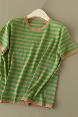 Elegant French Striped Short Sleeve Women's T-Shirt in Fine Merino Wool - Brightening Knit Top for Effortless Style