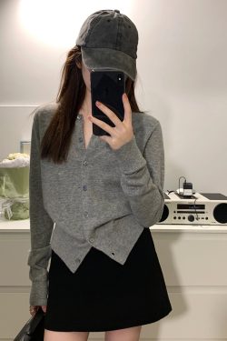 Elegant Gray Knitted Cardigan for Women - High-End Korean Style Cashmere Sweater Coat, Slim-Fit for Spring and Autumn Fashion