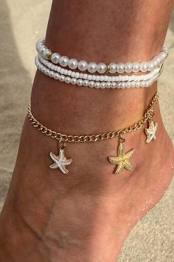 Elegant Heart-Shaped Imitation Pearl Multi-Layer Ankle Bracelet with Starfish Pendant - Beach Ocean Style Jewelry for Women