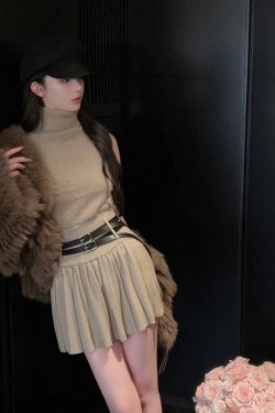 Elegant High Waist Pleated Skirt for Women - Stretch Knitted A-Line Short Skirt with Double Waistbands for Autumn Winter Fashion