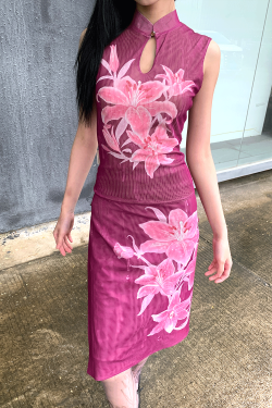 Elegant Lily Fairy Qipao Set - Slim Fit Double-Sided Print, Chinese Style Dress, Literary Aesthetic, Vintage 90s Inspired Fashion