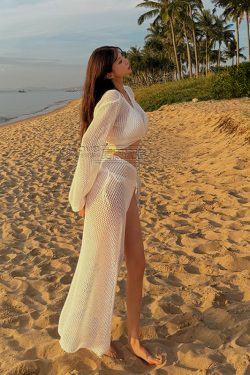 Elegant Long Sleeve Knitted Swimsuit for Small Chest - Gathered Design, Sexy Pure Desire Style, Perfect for Hot Spring Vacations