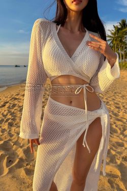 Elegant Long Sleeve Knitted Swimsuit for Small Chest - Gathered Design, Sexy Pure Desire Style, Perfect for Hot Spring Vacations