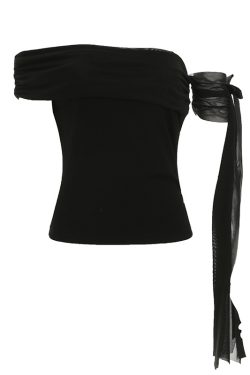 Elegant Off-Shoulder Asymmetrical Knitted Slim-Fit Top with Flowing Strap and Pleated Design - Short Sleeve Fashion T-Shirt