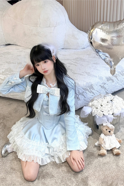 Elegant Princess Three-Piece Dress Set - Sea Salt Glacier Blue Heavy Coat & Tea Series with Fragrance Details