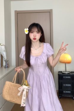 Elegant Purple Waist-Defining Slimming Short Sleeve Dress - Sweet Momo Summer Collection, Perfect for 90s and Y2K Inspired Looks