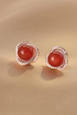 Elegant Red Agate Earrings for Women, Micro-Inlaid Zircon, Minimalist Chinese Style, Versatile High-End Jewelry for New Year Celebrations