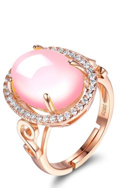 Elegant Rose Gold Hibiscus Stone Open Ring with Imitation Pink Crystal Inlay for Women - Fashionable Floral Index Finger Jewelry