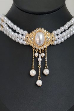 Elegant Vintage French Choker Necklace with Oval Pearl and Tassel Design, Diamond Inlay Collar Chain for Women