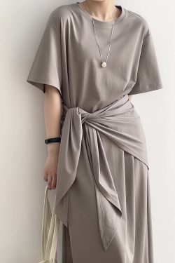Elegant Waist-Cinching Round Neck Short Sleeve Dress with Shawl Belt - 2025 Summer Minimalist Two-in-One Loose Long Dress