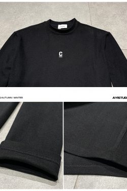 Embroidered Fleece Long-Sleeve T-Shirt for Men, Solid Color, Half-High Collar, Casual Warm Base Layer for Autumn & Winter
