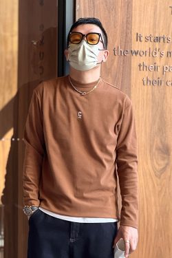 Embroidered Fleece Long-Sleeve T-Shirt for Men, Solid Color, Half-High Collar, Casual Warm Base Layer for Autumn & Winter