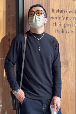 Embroidered Fleece Long-Sleeve T-Shirt for Men, Solid Color, Half-High Collar, Casual Warm Base Layer for Autumn & Winter