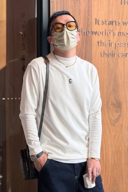 Embroidered Fleece Long-Sleeve T-Shirt for Men, Solid Color, Half-High Collar, Casual Warm Base Layer for Autumn & Winter