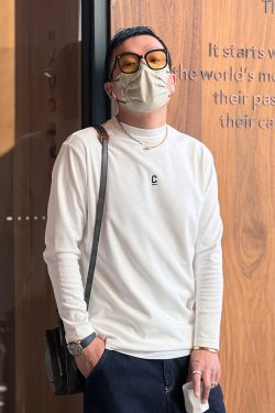 Embroidered Fleece Long-Sleeve T-Shirt for Men, Solid Color, Half-High Collar, Casual Warm Base Layer for Autumn & Winter